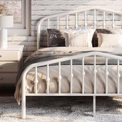 Queen Metal Bed Frame with Wrought Iron-Art Headboard, White Victorian Style Metal Platform Bed Frame, Wrought Iron-Art Headboard and Footboard, Under