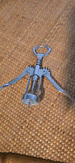Vintage Stainless Steel 6.5" Wavy Arms Pry Up Corkscrew w Bottle Cap Opener Top