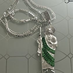 Saint Jude Green Robe Silver Plated Pendant With Chain Necklace 22” 3mm 