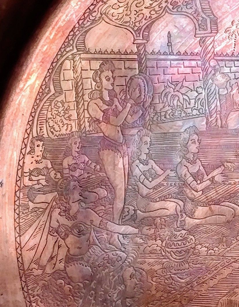 Antique 9" Etched Copper Plate With Dancers & Taj Mahal