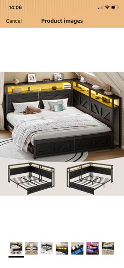 Queen Corner Bed Frame with Storage and Bookcase Headboard, Daybed with LED Light and Charging Station, Queen Size Metal Platform Corner Bed Frame for