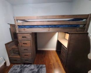 Wood Twin Loft bed with extra storage, desk.