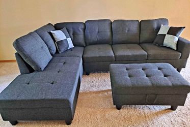 Charcoal linen sectional couch and ottoman