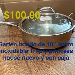 Sartén Hondo De 10” Acero Inoxidable Tri-ply 👉 princess house todo nuevo y con caja 📦