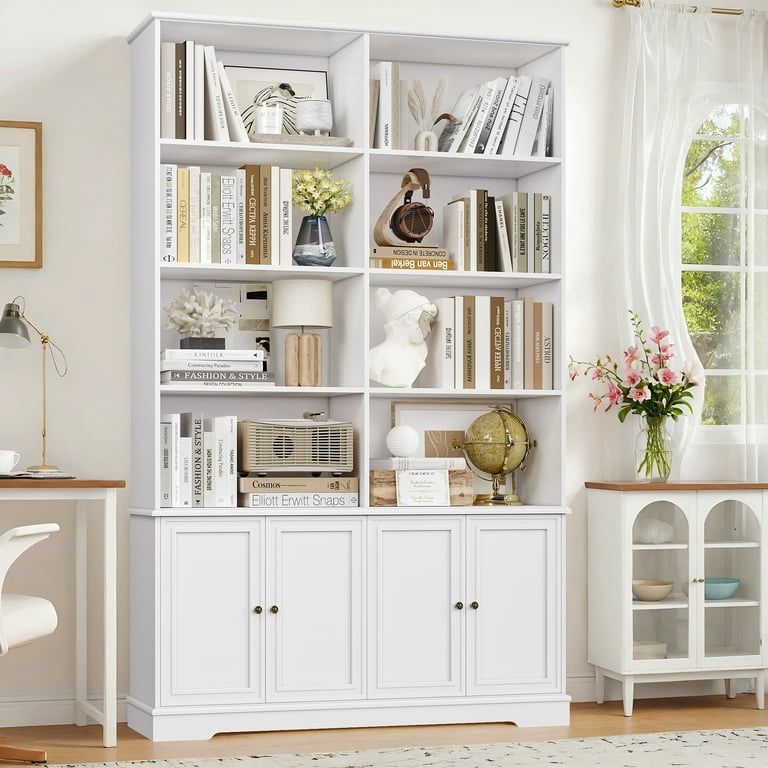 73'' Tall Bookcase, 6-Tier 8 Cubes Display Bookshelf, 4 Doors Double Row Bookcase for Living Room Home Office, White
