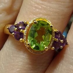 Size 6 New In Box Genuine Amethyst & Peridot 18k Yellow Gold Ring! 💍💜💚