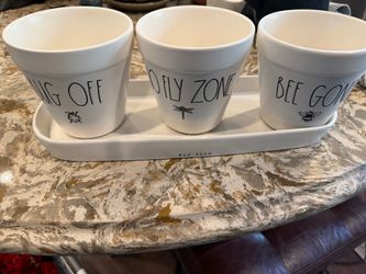 Set of three ceramic pots with tray Rae Dunn