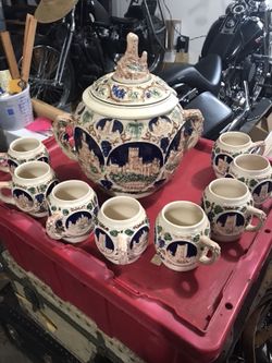 Authentic Vintage German Punch Bowl Set, with Lid and 8 Matching Mugs! Great Condition!