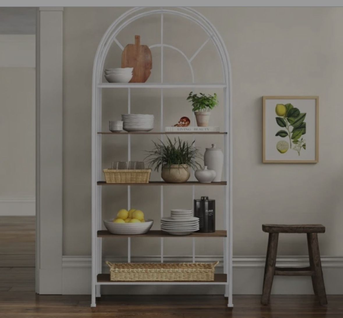 White Arched Etagere Bakers Rack/Book Shelf with Wooden Shelves