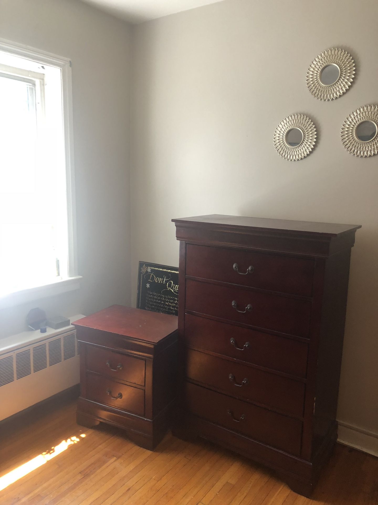 wooden mahogany 2 dresser and night stand for $200 also sold seperate