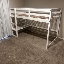 Wood Lofted Bed Frame with Ladder for Boys Girls Teens Kids Bedroom White