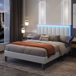 King Size Led Bed Frame, Upholstered Modern Bed Frame with with Faux Leather Headboard, No Box Spring Needed, White

