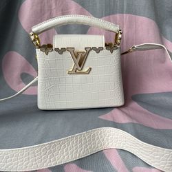 White Crocodile Embossed Leather Handbag 