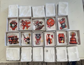 collection of official Danbury Mint Denver Broncos NFL commemorative Christmas ornaments in their original white gift boxes and styrofoam packaging