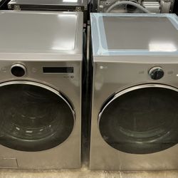 LG 4.5 cu. ft. Stackable Smart Front Load Washer w/ Al Digital Dial + 7.4 cu. ft. Vented Stackable SMART Electric Dryer