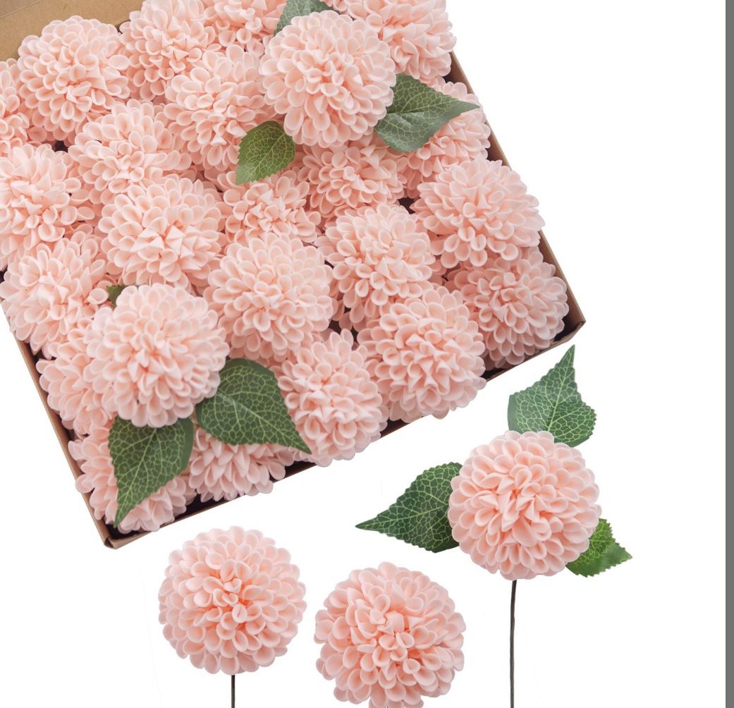 Ling's Moment Flowers Dahlia Artificial Flowers 25pcs Blush Pink Flowers, Foam Fake Flowers W/Stem For DIY Wedding Decor Centerpieces Arrangements Bou