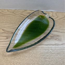 Leaf Shaped Glass Trinket Dish Encased Green  9 1/2“ X 1 1/4“  L1
