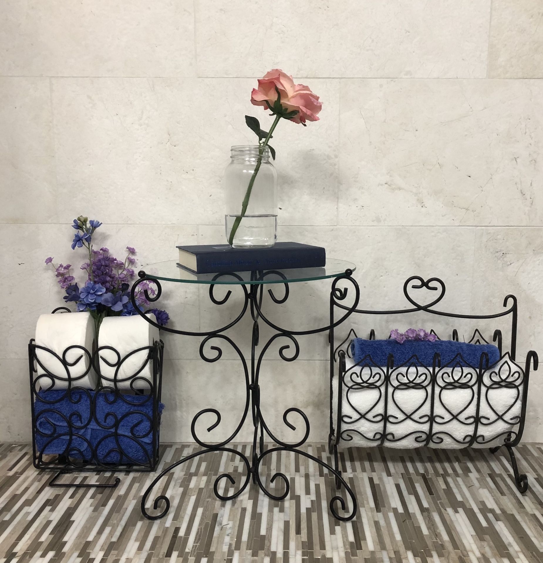 Three Fabulous Wrought Iron Items ... Small Table, Magazine Rack And Toilet Paper Holder With Storage ... Check Out My Other Offers Too