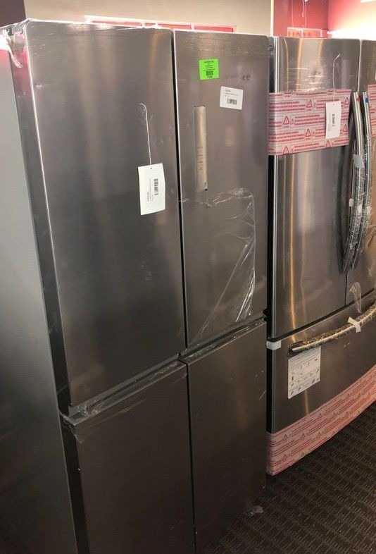 Brand New Frigidaire 17.4 cu. ft. 4 Door French Door Refrigerator in Brushed Steel with Adjustable Freezer Storage