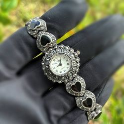 Women’s quartz watch 925 sterling silver and onyx heart shape stones Japan movement