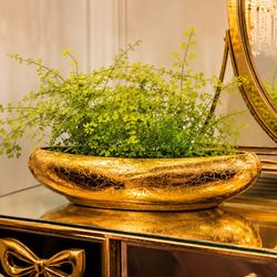 Vintage 1950’s Signed Planter Pot Hollywood Regency Mid Century Art Deco Centerpiece Vase Vessel Collectible Gold Cracked Vase 