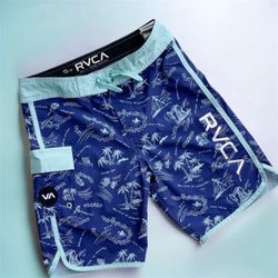 RVCA Boys Blue Island Print Board Shorts Youth Size 27 4-Way Stretch Swim Trunks EUC