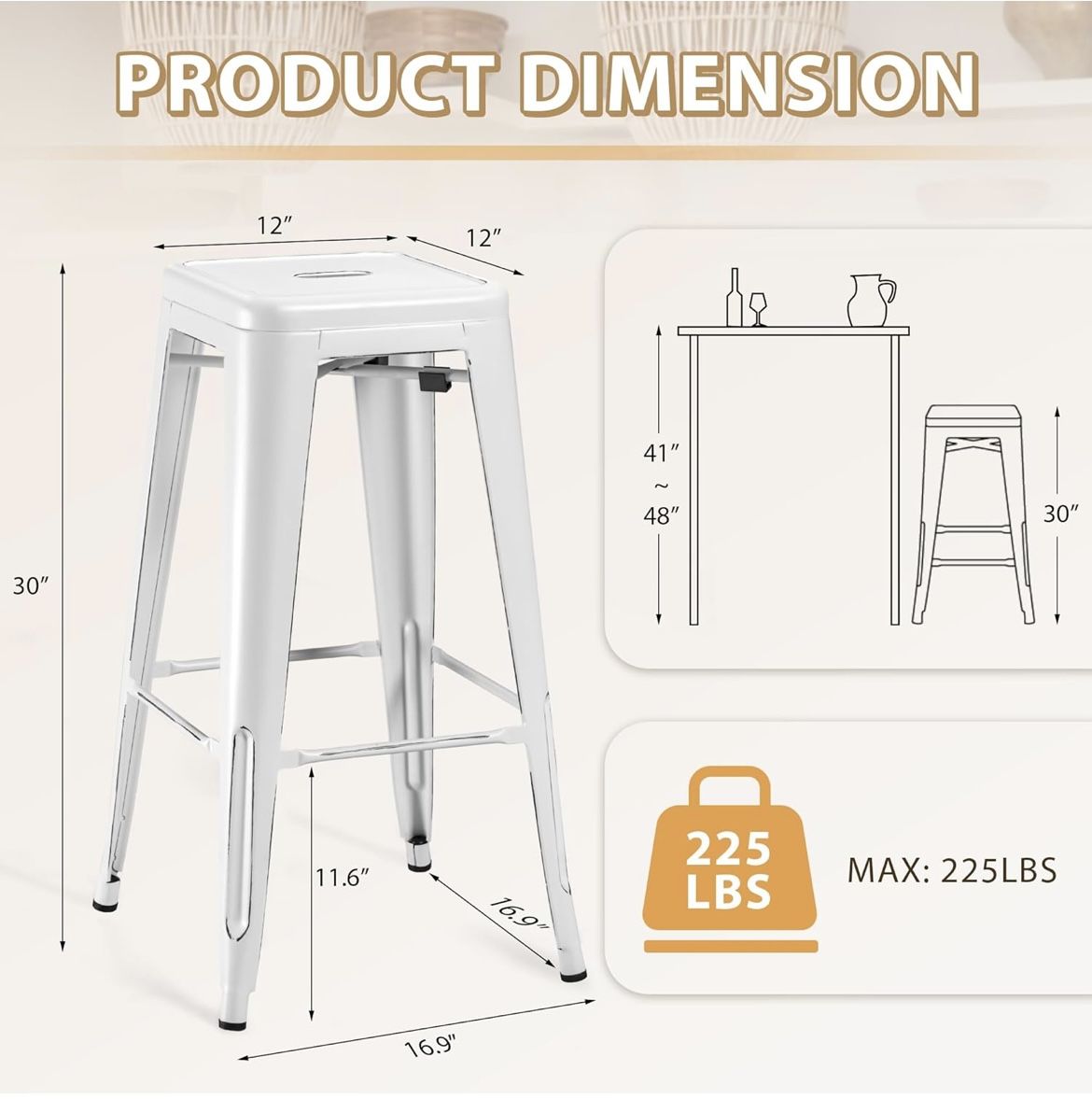 NEW-30 Inch Metal Bar Stools - High Backless Stackable Kitchen Stools Set of 4 (Distressed White)