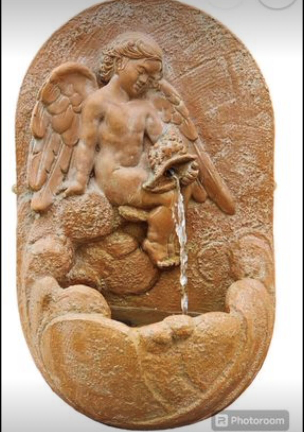 Vintage Signed Concrete Outdoor Wall Water Fountain Cherubs