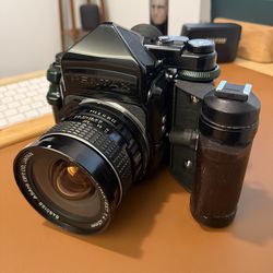 Pentax 67 Late Model MLU 45mm f4 w/ Grips, Flash, and Waist Level Finder