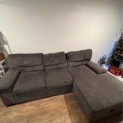 Grey Pullout Queen Size Bed Sofa W/ Under Storage Chaise 