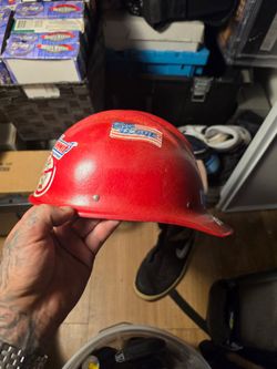 Vintage Red bullard Construction Hard Hat with Stickers