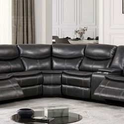 Brand New Grey Leather Reclining Sectional Sofa