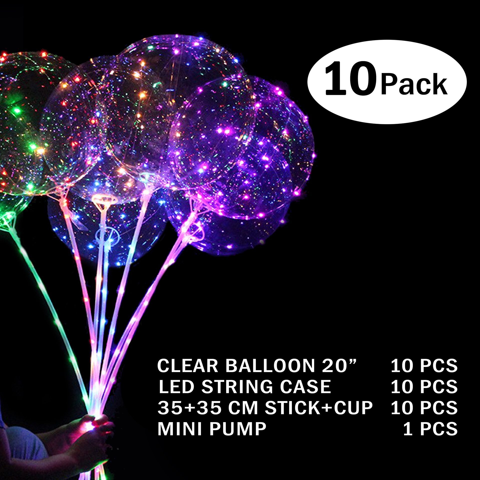 10 pack Bobo balloons with stick and lights - globos iluminados