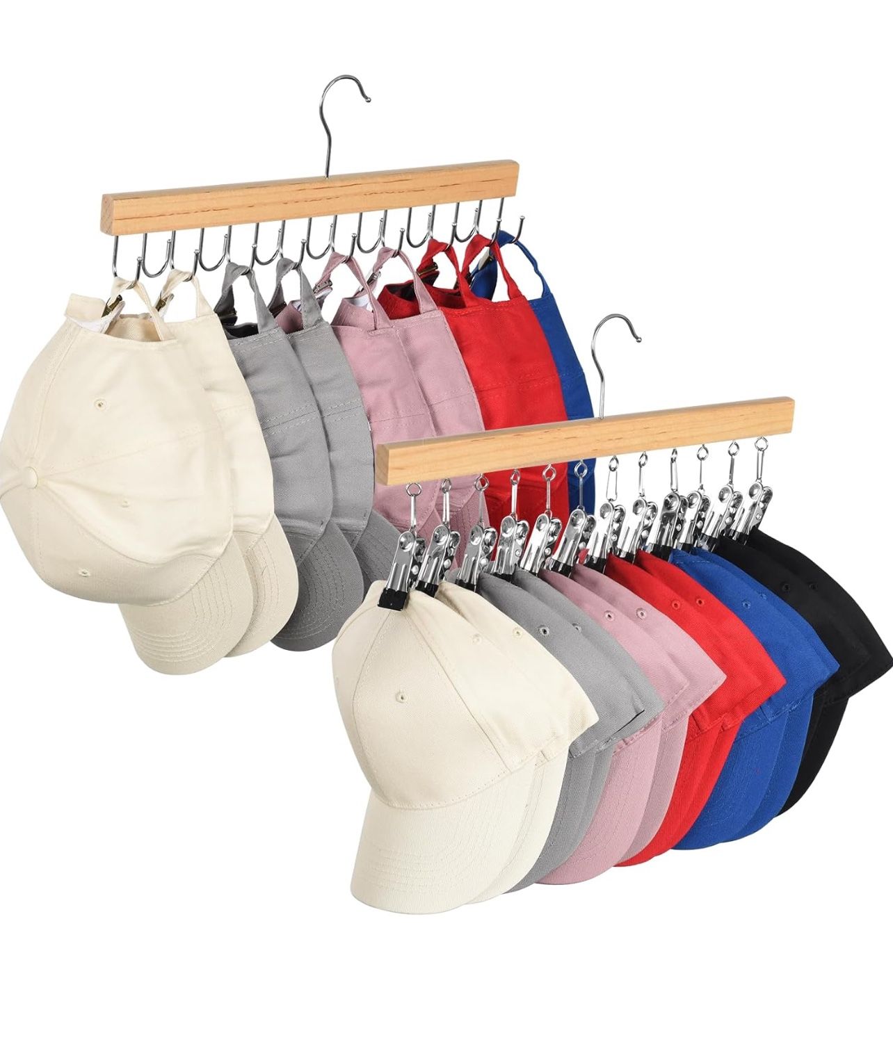 Brandnew 2 Pack Hat Rack for Baseball Caps Sturdy Wooden Hat Hangers for Closet & Room Display, 20pcs Hat Storage Clips Hat Organizers for Hang Ball C