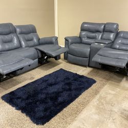 New Gray Leather Dual Power Recliner Sofa And Loveseat