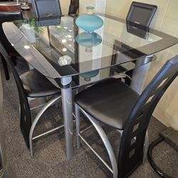 Brand New Black Gray Glass Counter High Table (40"×40"×36"H) + 4 Black Faux Leather Chairs