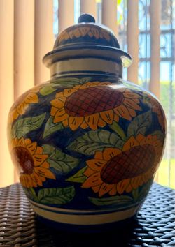 Large 12” Mexican Talavera Jar* with Lid – Hand-Painted Sunflowers