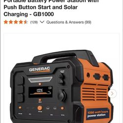 Generac 1600W Output / 3200 Peak 1086Wh Portable Battery Power Station with Push Button Start and Solar Charging - GB1000  New