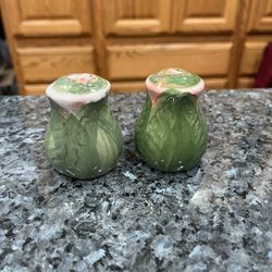 Vintage Hand Painted Green And Pink Pair Of Salt And Pepper Shakers.  Preowned Never Used 