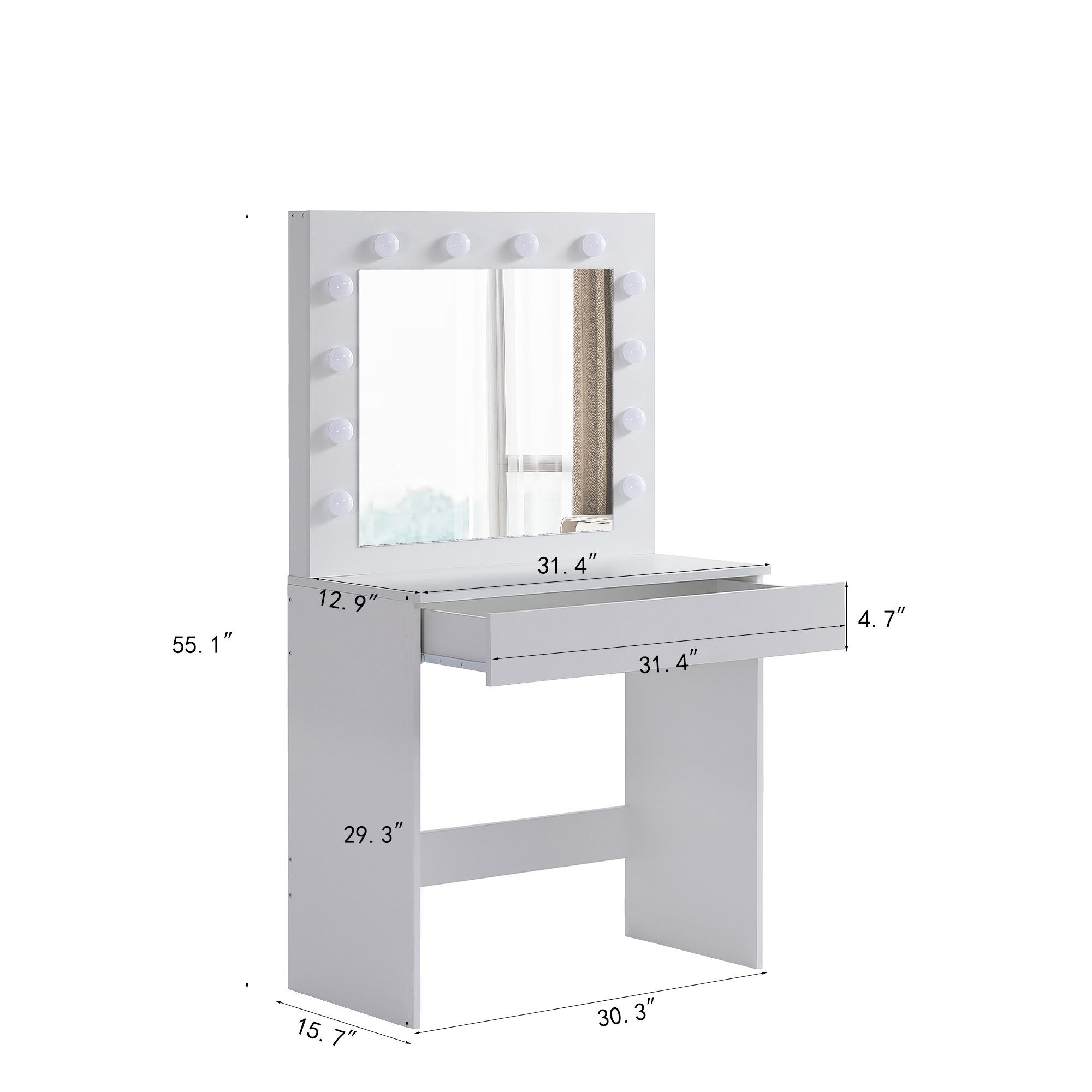 Vanity table with large lighted mirror, makeup vanity dressing table with drawer, 1pc upholstered stool ,12 light bulbs and adjustable brightness, whi