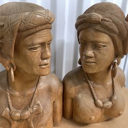 Hand Carved Hardwood Warrior Busts Male & Female Tribal Folk Art Pair
