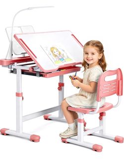 Kids Desk and Chair Set, Height Adjustable Children School Functional Study Desk with 55° Tiltable Desktop, 3 Modes & Brightness LED Light, Storage Dr