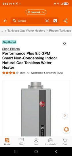 Rheem
Performance Plus 9.5 GPM Smart Non-Condensing Indoor Natural Gas Tankless Water Heater