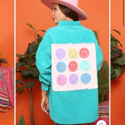 Smiley Face Patch Corduroy Shacket in Jade Size Small