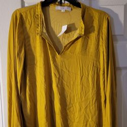 LOFT Mustard Satin-like Long Sleeve Top, Medium NWT With Back Ruffle Detail