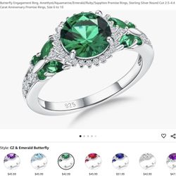 Simulated Emerald And Diamond  Sterling Silver Size 6 Ring