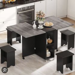 7 - Piece Black & Gray Folding Extendable Dining Table Set With 6 Stools