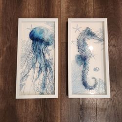 2-piece coastal watercolor framed wall art set, seahorse & jellyfish in deep blue shades, 20"×10"×1.5", good condition