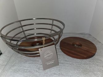 Artisanal 11" Acacia Wood & Metal Fruit Basket New (Price Is Firm)