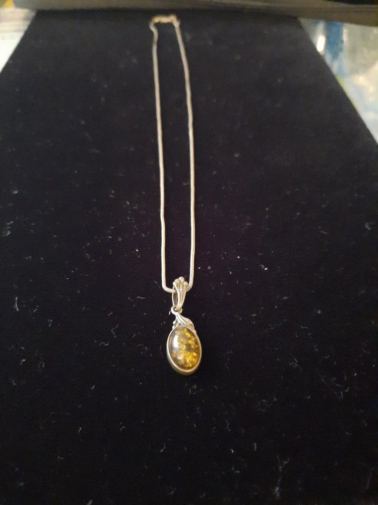 Sterling Silver Necklace with Sterling Silver Charm with Amber Stone